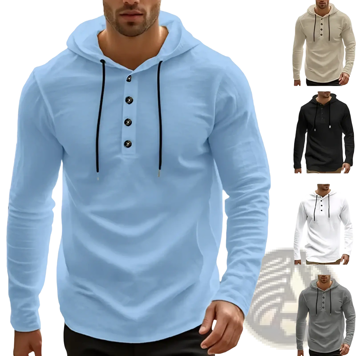 Men cotton linen hooded henley shirt in light blue with long sleeves black drawstrings and button placket