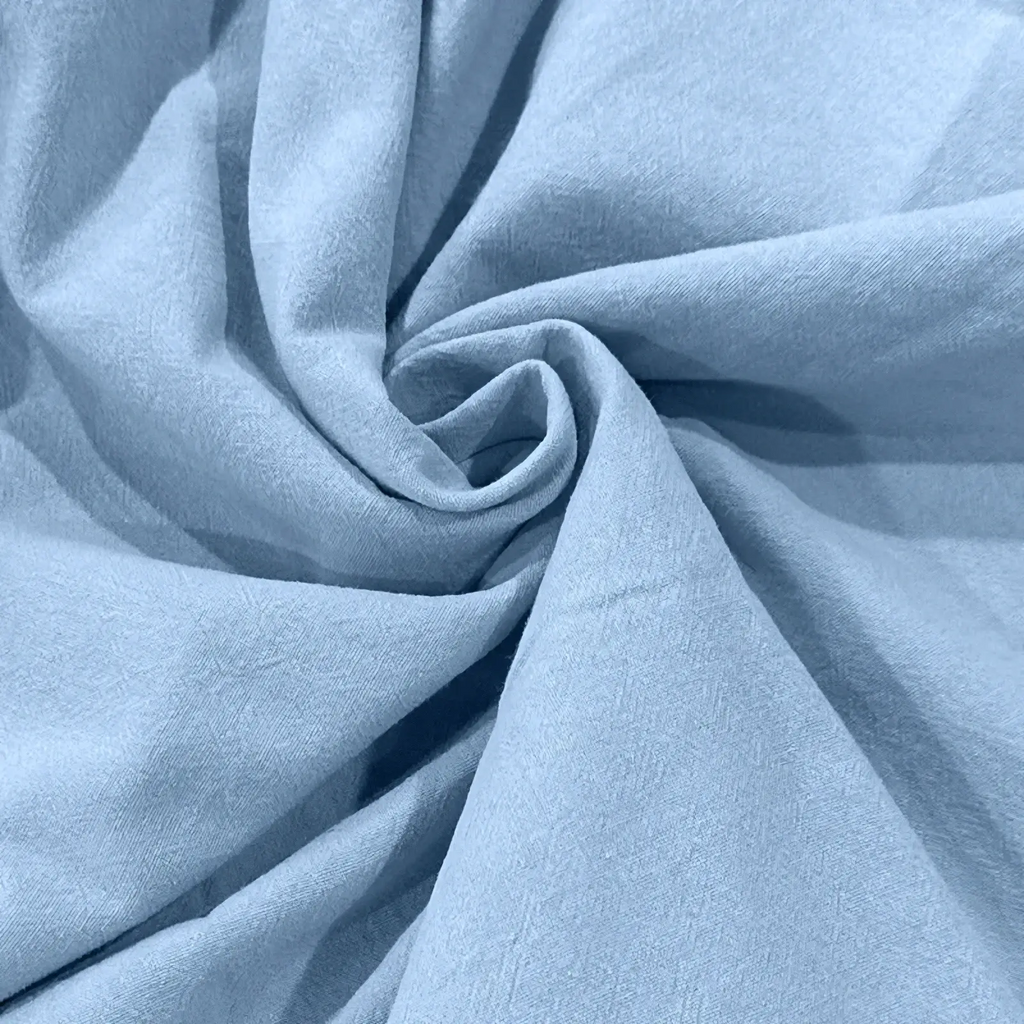 Light blue men cotton linen hooded henley shirt fabric with soft texture and subtle woven pattern