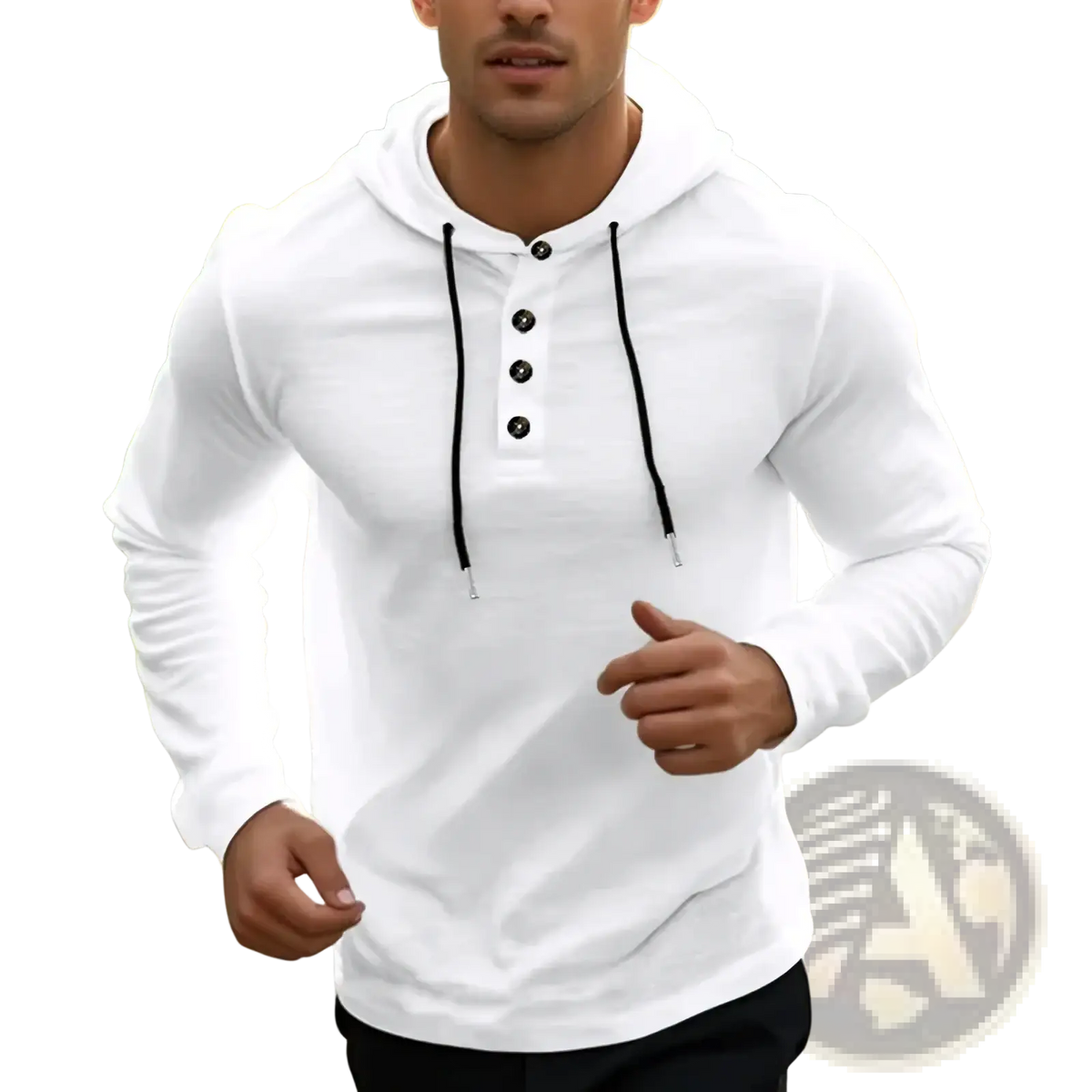 Men cotton linen hooded henley shirt in white with black drawstrings button placket and long sleeves