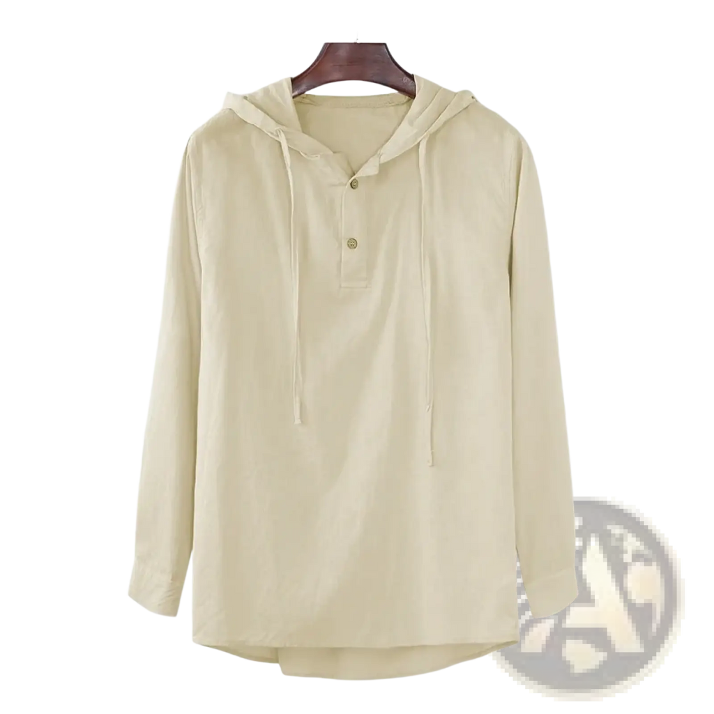 Men cotton linen hooded shirt in beige with long sleeves, drawstring hood, and two front buttons