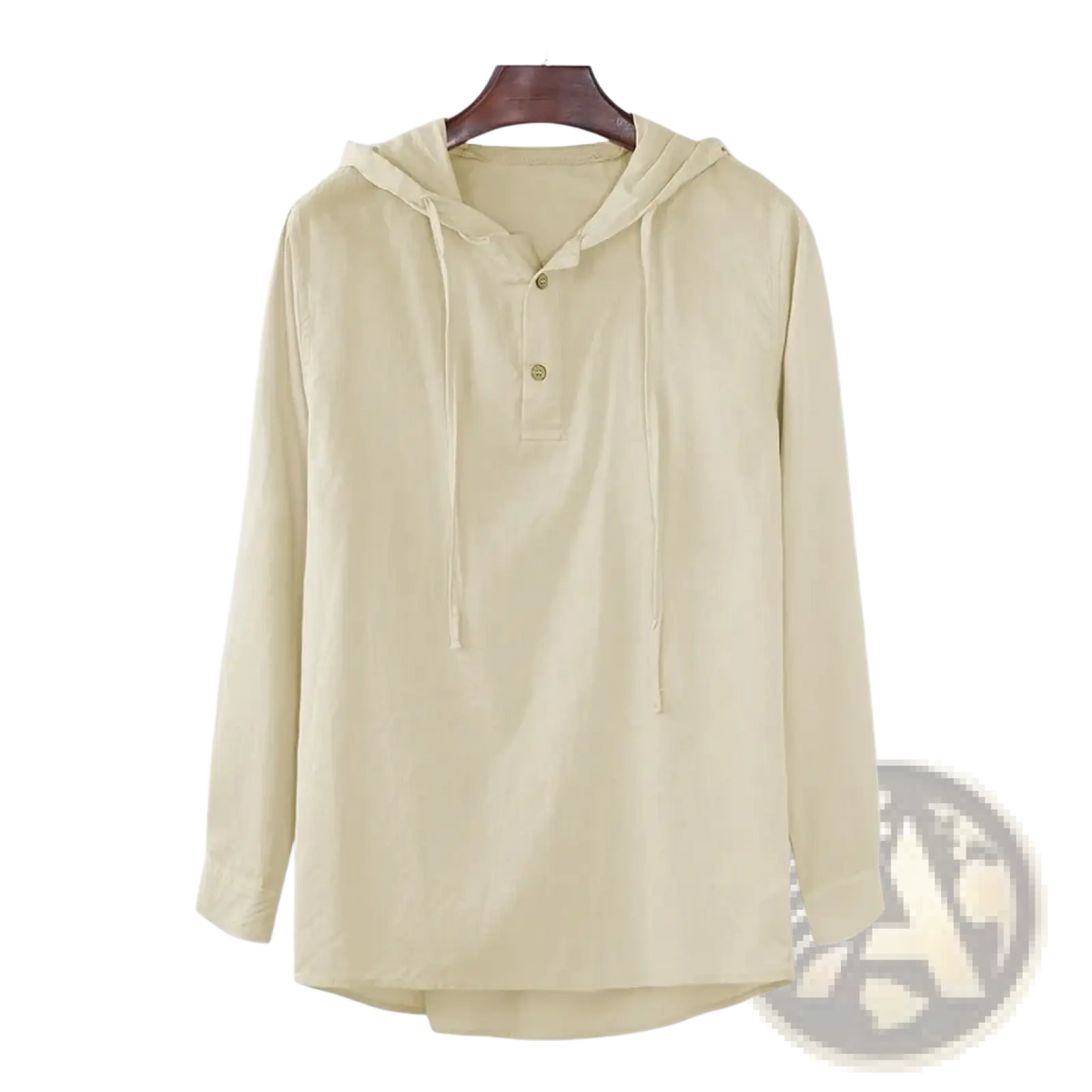 Men cotton linen hooded shirt in beige with long sleeves, drawstring hood, and two front buttons