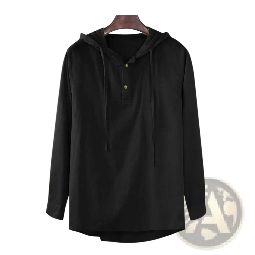 Men cotton linen hooded shirt in black with subtle sheen long sleeves gold buttons and matching drawstrings at neckline