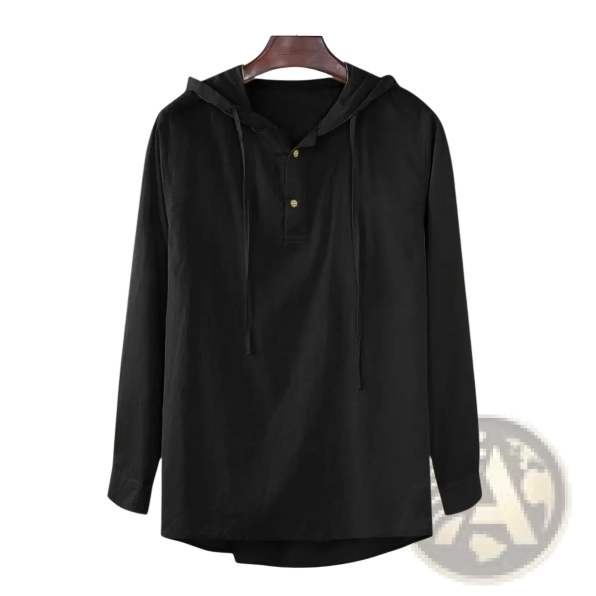 Men cotton linen hooded shirt in black with subtle sheen long sleeves gold buttons and matching drawstrings at neckline