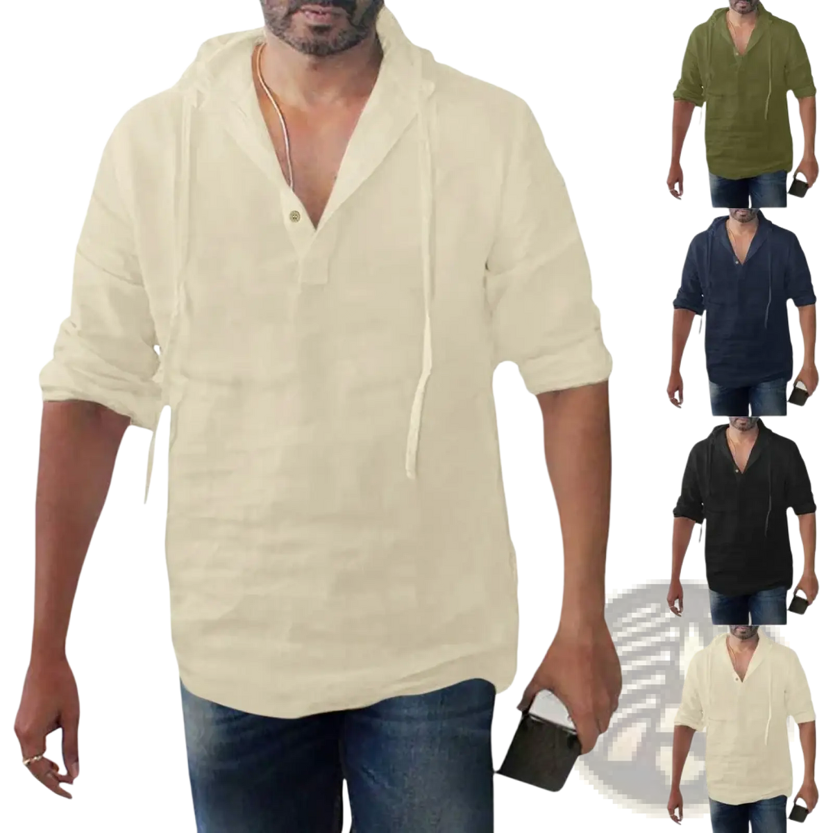 Cream-colored men cotton linen hooded shirt with v-neck and drawstring hood for casual wear