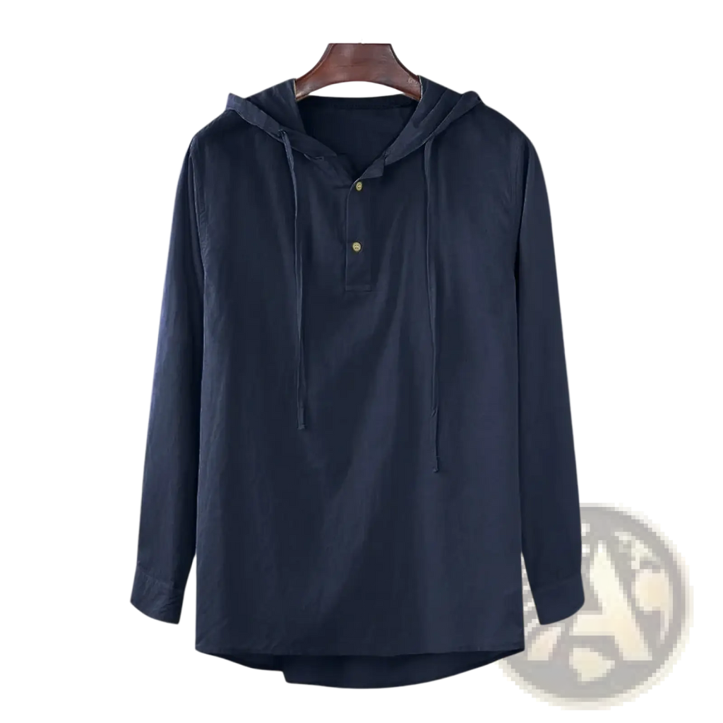 Men cotton linen hooded shirt in dark navy with long sleeves buttoned placket and drawstring hood front view
