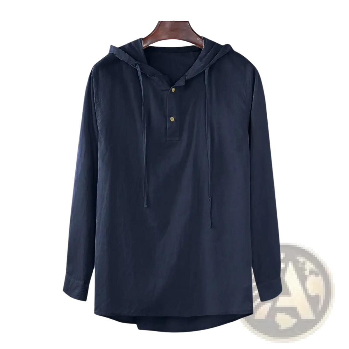Men cotton linen hooded shirt in dark navy with long sleeves buttoned placket and drawstring hood front view