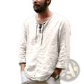 Men cotton linen hooded shirt in light beige featuring long sleeves v-neck and black lace-up front detail