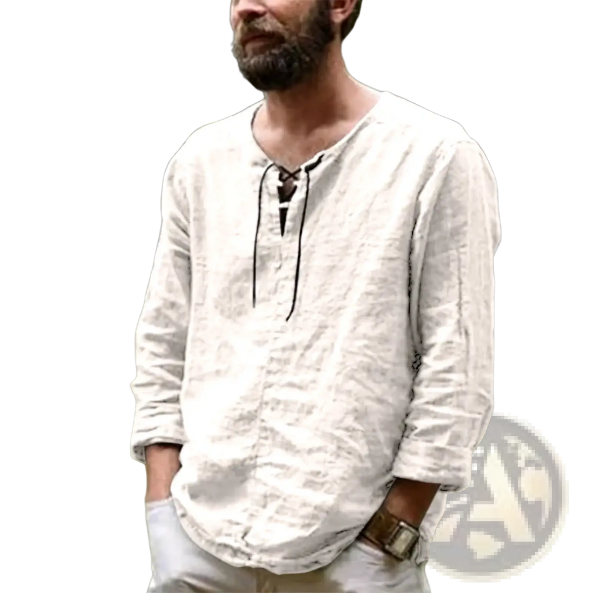 Men cotton linen hooded shirt in light beige featuring long sleeves v-neck and black lace-up front detail