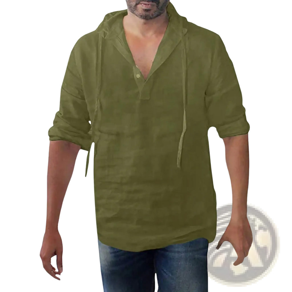 Men cotton linen hooded shirt in olive green with rolled sleeves and button-down front made from breathable fabric