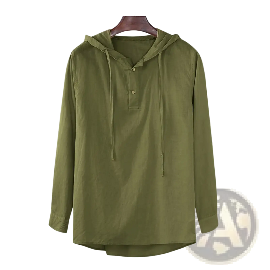 Men cotton linen hooded shirt in olive green with long sleeves buttoned placket and drawstring hood