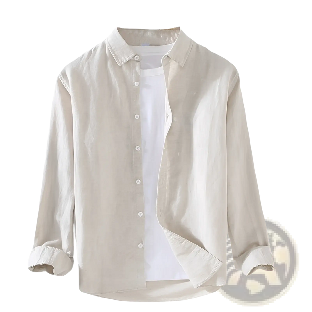 Beige cotton linen men long sleeve shirt with classic collar and rolled cuffs buttoned up front