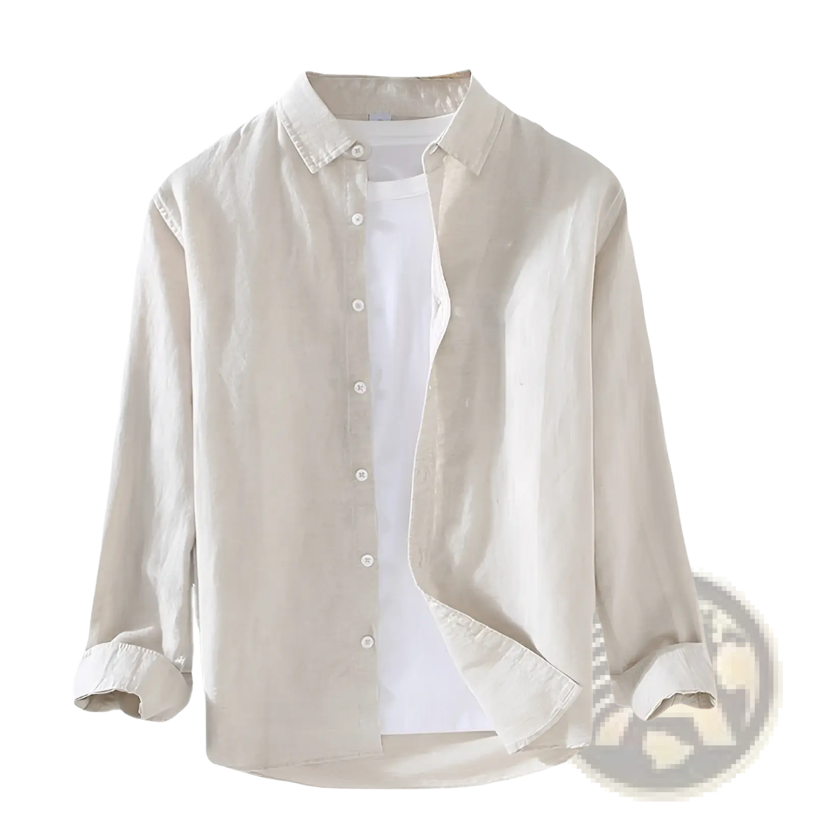 Beige cotton linen men long sleeve shirt with classic collar and rolled cuffs buttoned up front