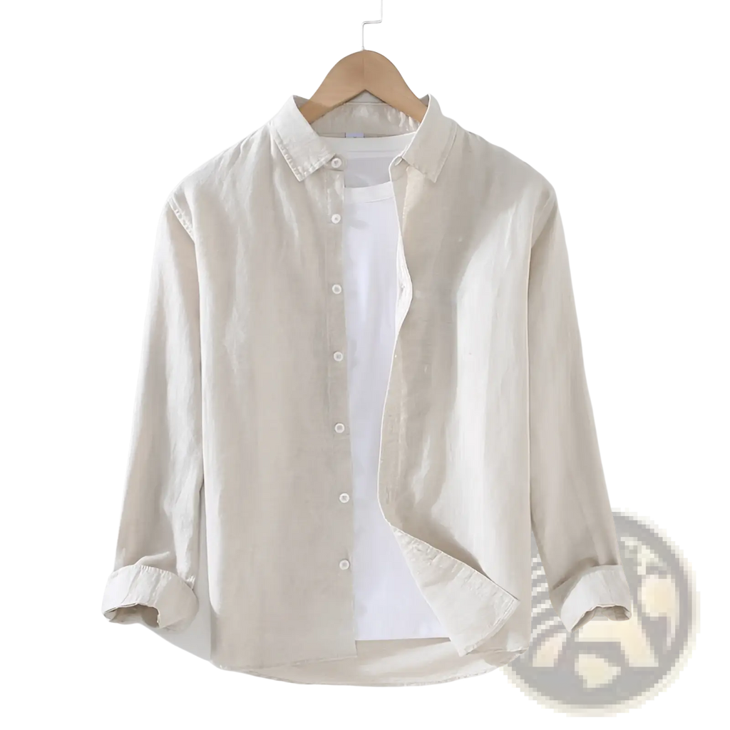 Beige men cotton linen long sleeve shirt with classic collar and rolled cuffs hanging on wooden hanger