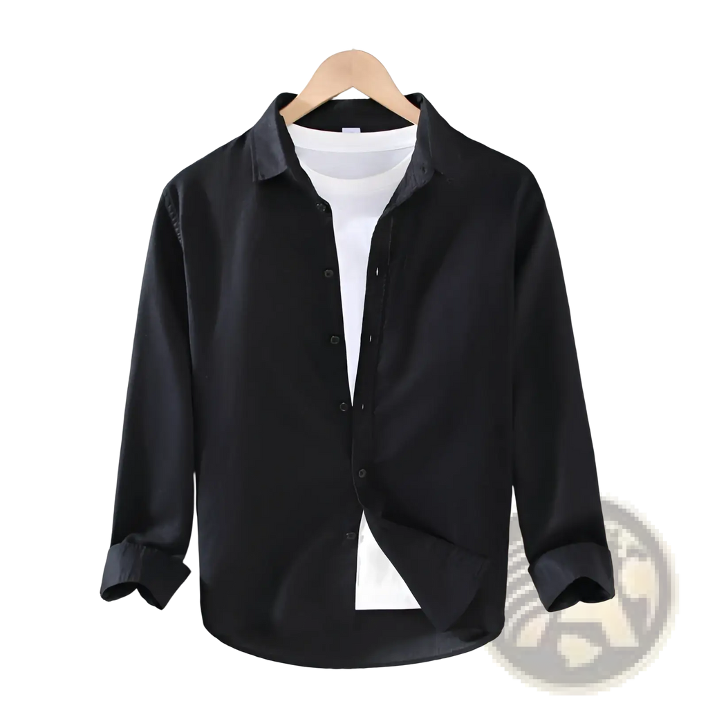 Black men cotton linen long sleeve shirt with classic collar and rolled cuffs displayed on wooden hanger over white undershirt