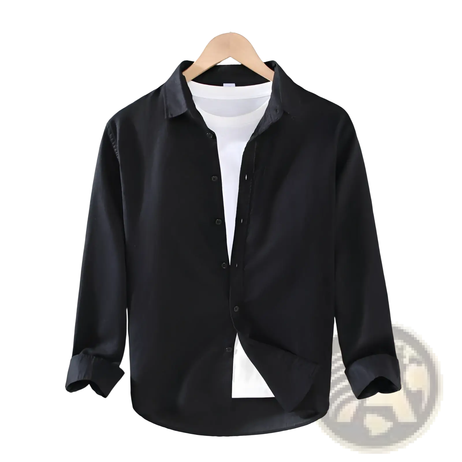 Black men cotton linen long sleeve shirt with classic collar and rolled cuffs displayed on wooden hanger over white undershirt