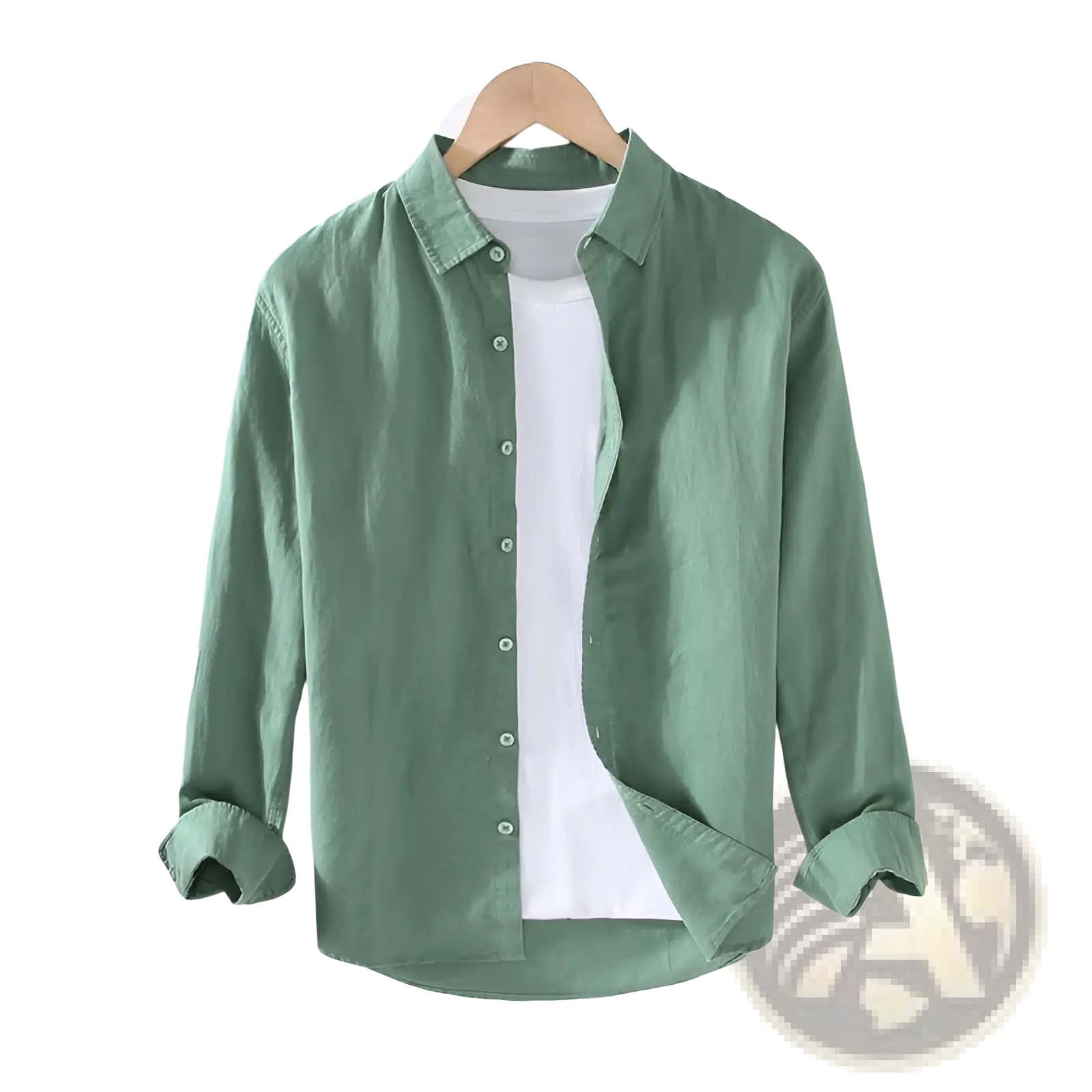 A soft sage green men cotton linen long sleeve shirt with a classic collar and rolled cuffs