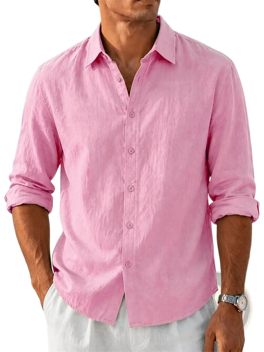 A light pink men cotton linen long sleeve shirt with rolled cuffs and a classic collar