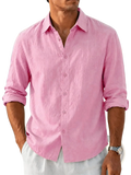 A light pink men cotton linen long sleeve shirt with rolled cuffs and a classic collar