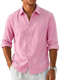A light pink men cotton linen long sleeve shirt with rolled cuffs and a classic collar