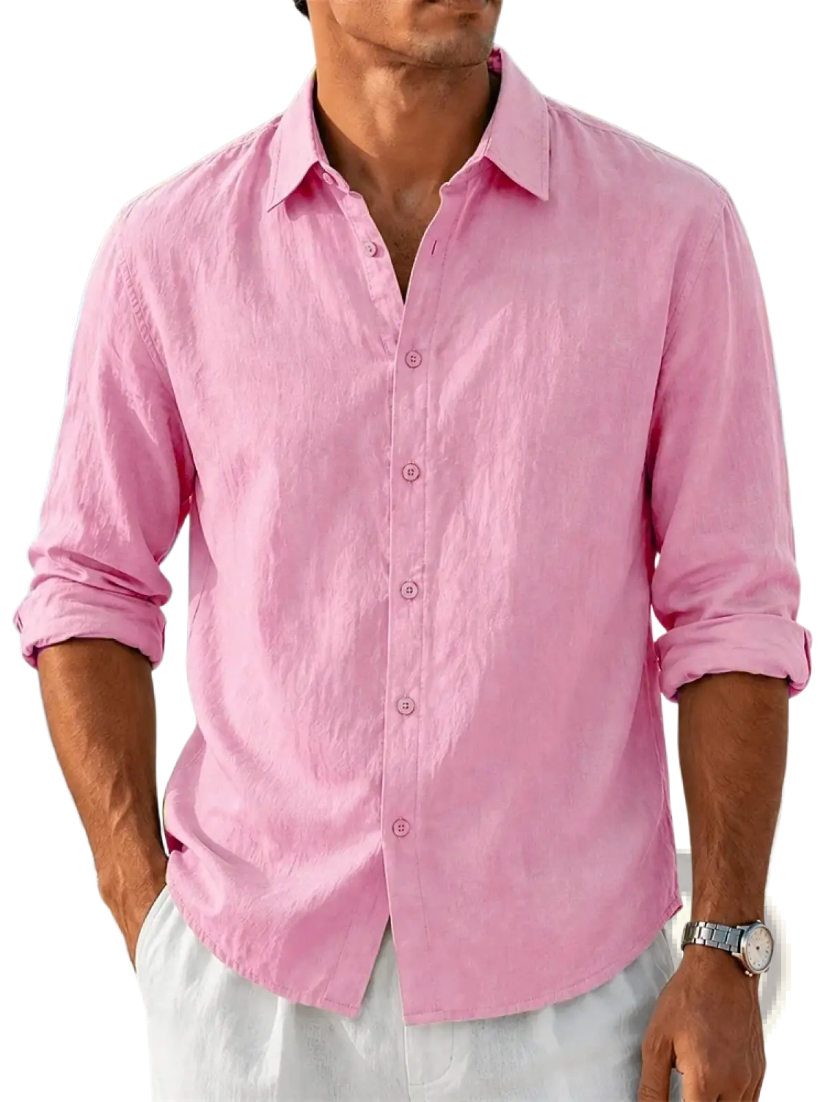 A light pink men cotton linen long sleeve shirt with rolled cuffs and a classic collar