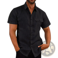 Men cotton linen short sleeve shirt in black with two chest pockets suitable for casual beach wear