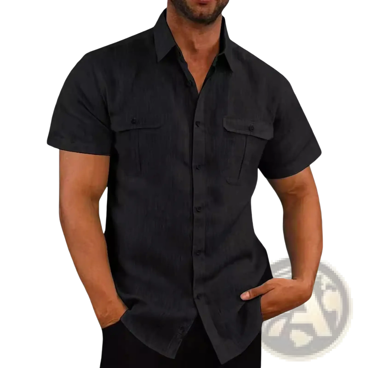 Men cotton linen short sleeve shirt in black with two chest pockets suitable for casual beach wear