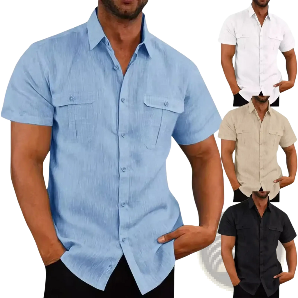 Light blue men cotton linen short sleeve button-up shirt with two chest pockets and collar for casual beach wear