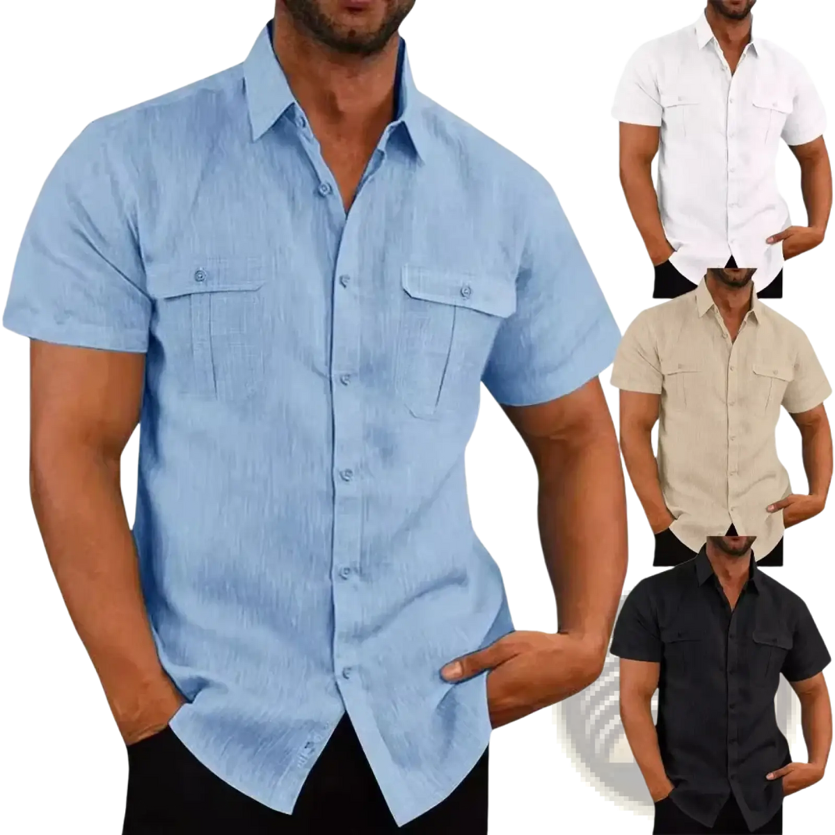 Light blue men cotton linen short sleeve button-up shirt with two chest pockets and collar for casual beach wear