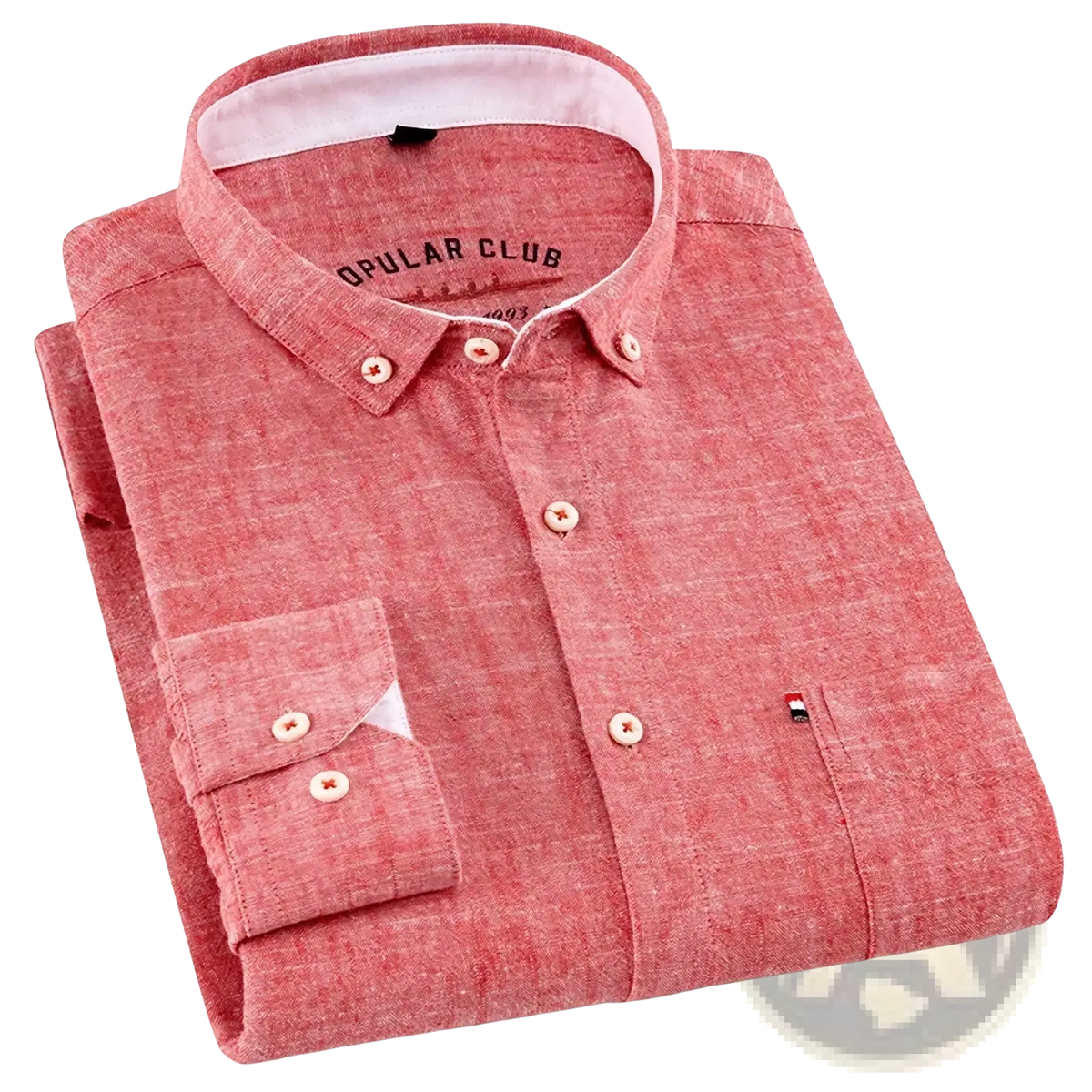 A neatly folded men cotton linen slim fit dress shirt in textured coral red with matching buttons and white inner collar lining
