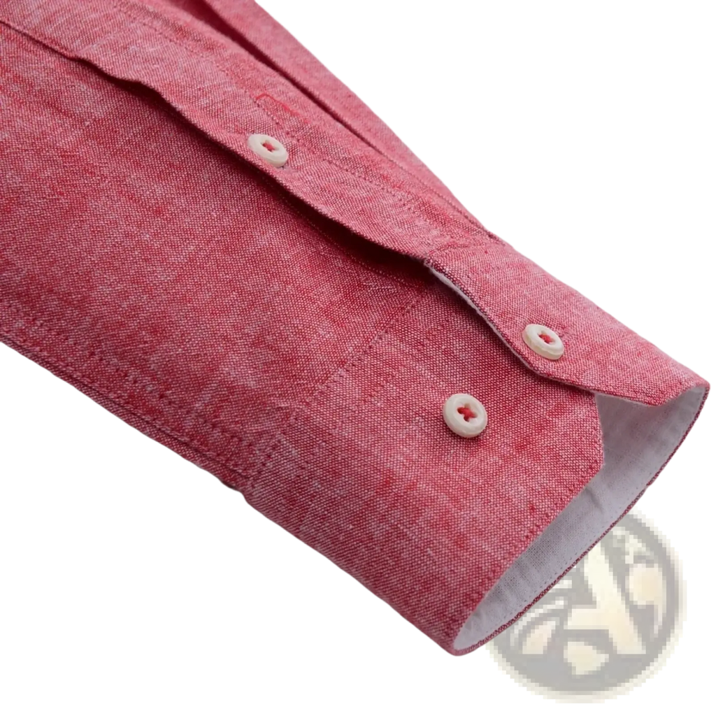 Men cotton linen slim fit dress shirt with a pink textured cotton sleeve white buttons and light gray inner lining