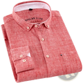 Men cotton linen slim fit dress shirt in coral color with textured cotton fabric and matching buttons