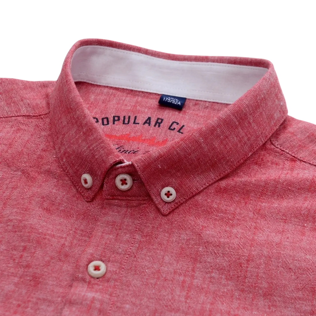 Men cotton linen slim fit dress shirt in red heathered cotton with white buttons and subtle cross design