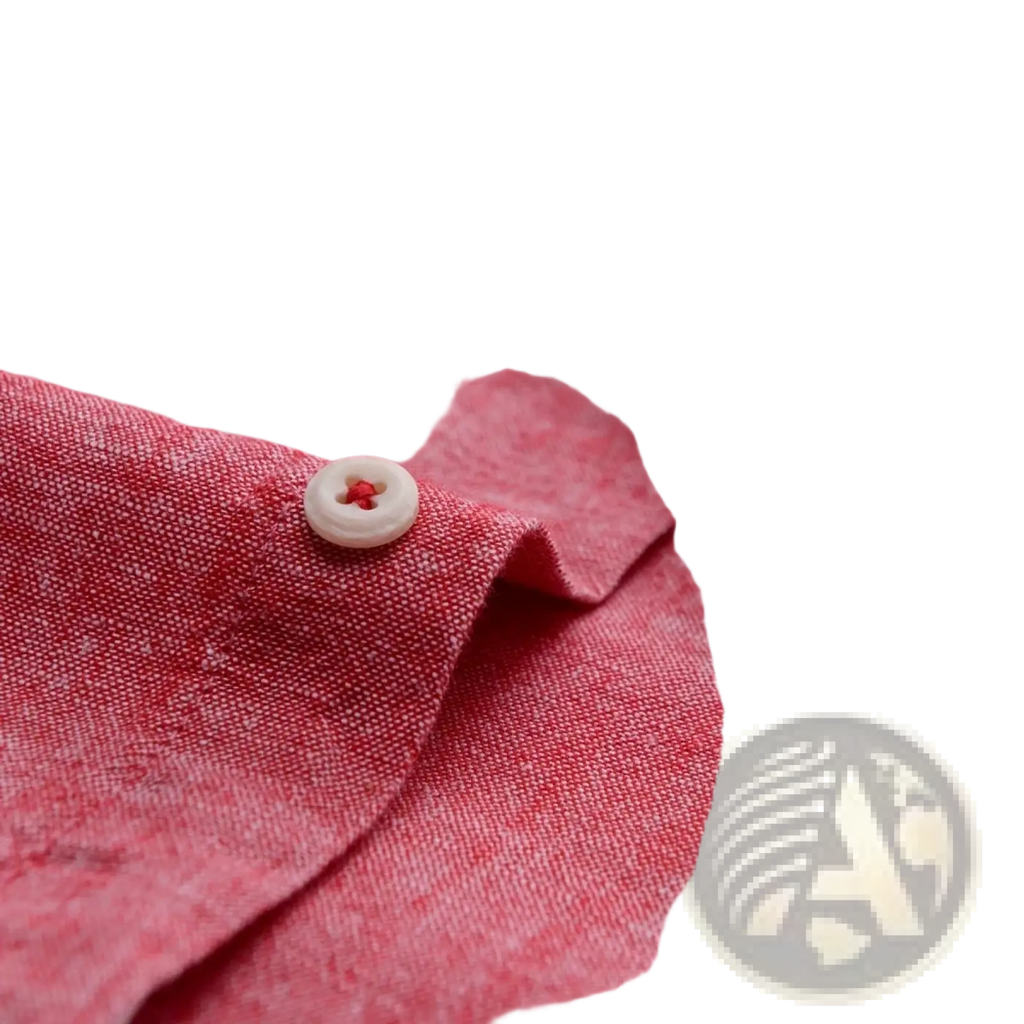 A men cotton linen slim fit dress shirt in pink with a white button featuring a red center fastening textured fabric