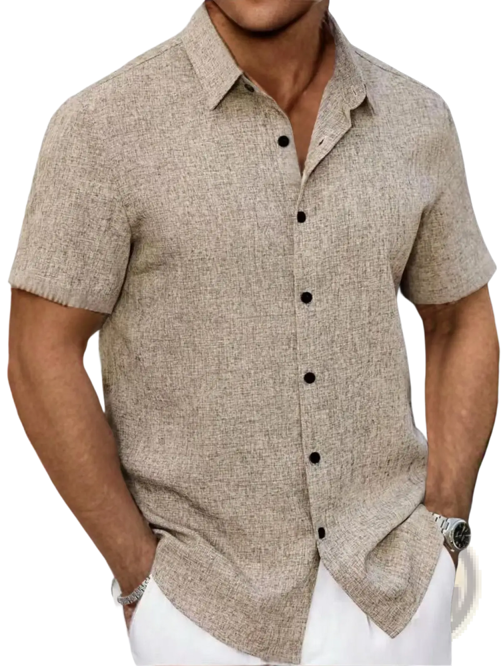 Beige textured linen short-sleeve button-up shirt with black buttons for men casual cotton linen wear