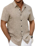 Beige textured linen short-sleeve button-up shirt with black buttons for men casual cotton linen wear