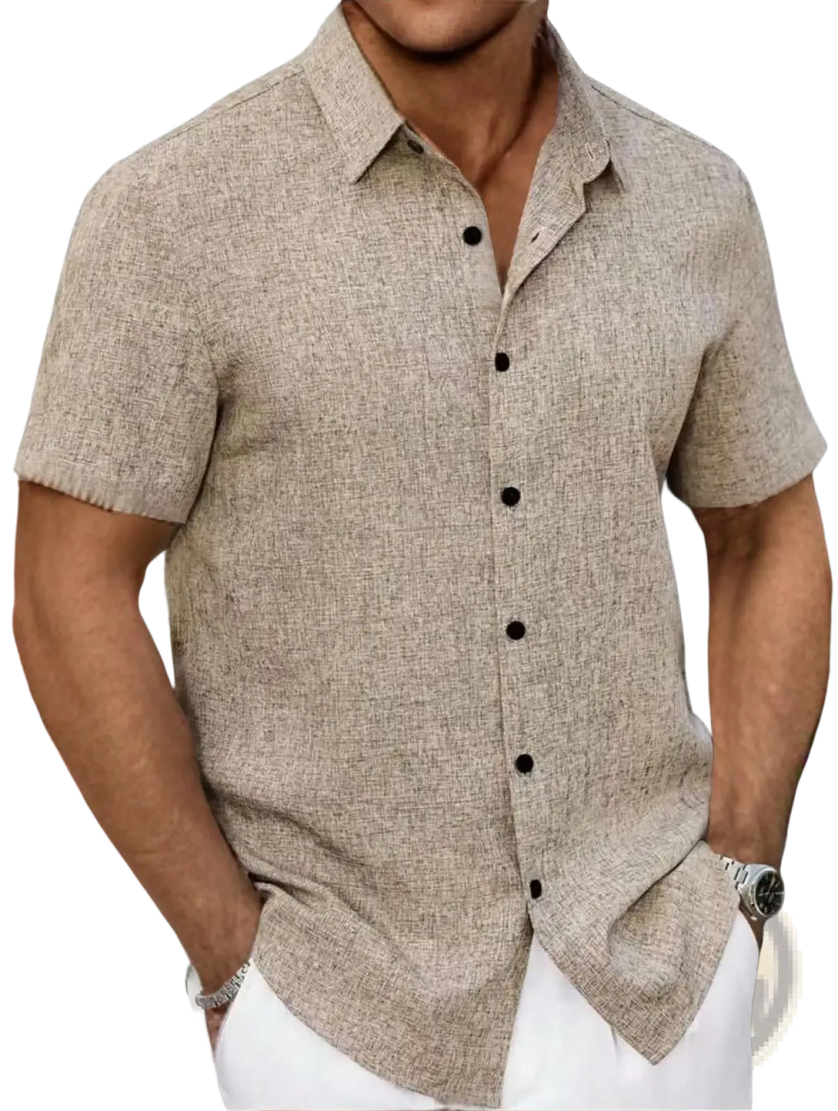 Beige textured linen short-sleeve button-up shirt with black buttons for men casual cotton linen wear