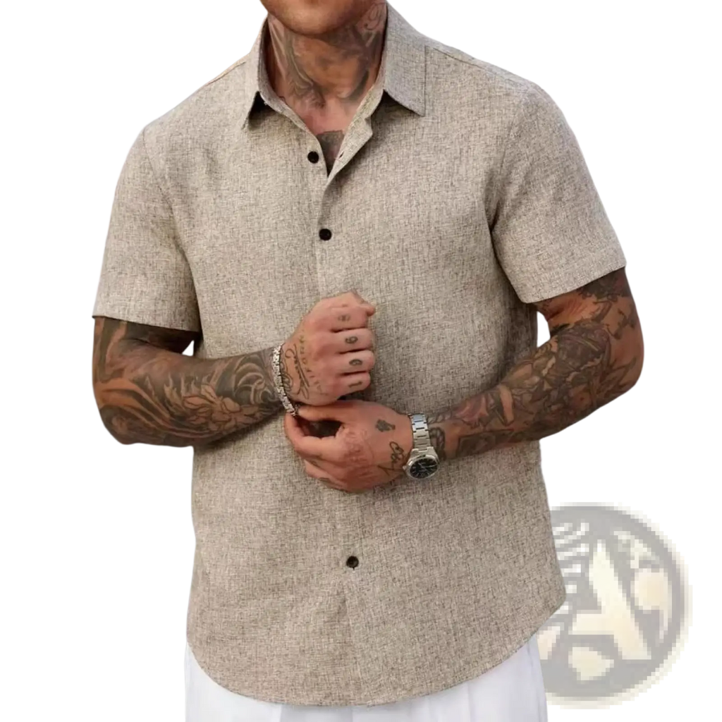 Beige textured linen short sleeve button up shirt for men made of cotton linen perfect for casual wear