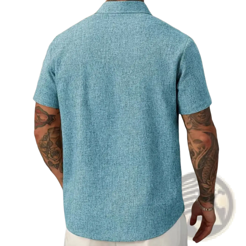 Men cotton linen casual shirt in light blue with short sleeves and a subtle woven pattern design
