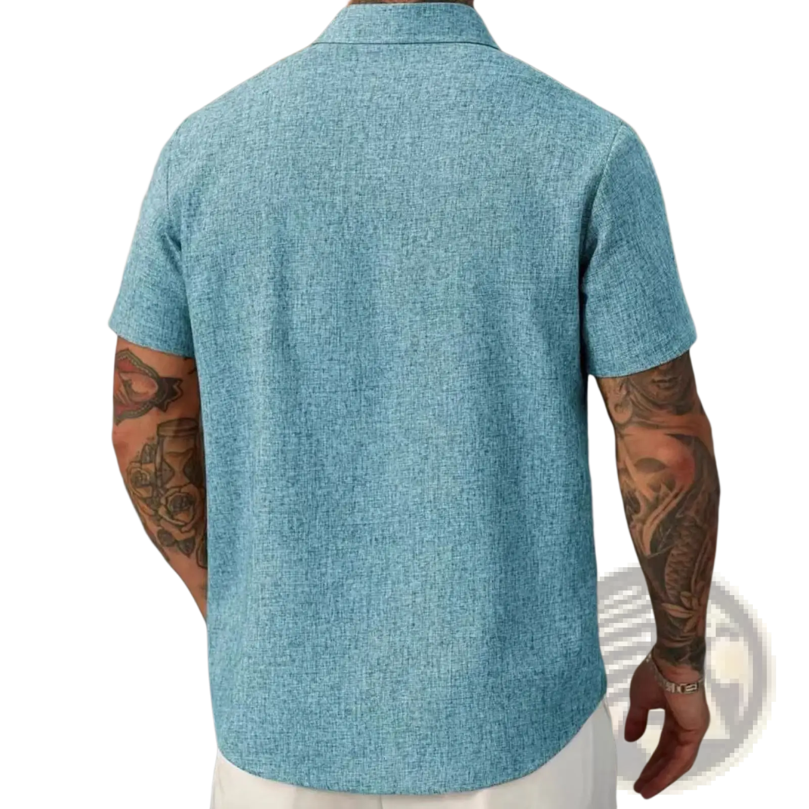 Men cotton linen casual shirt in light blue with short sleeves and a subtle woven pattern design