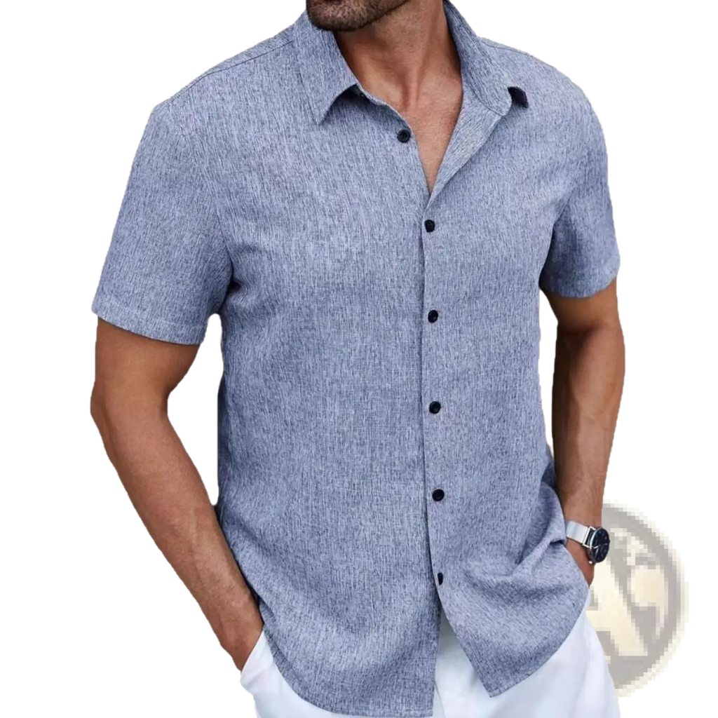 Men cotton linen striped casual shirt in textured light blue fabric with dark blue buttons and short sleeves
