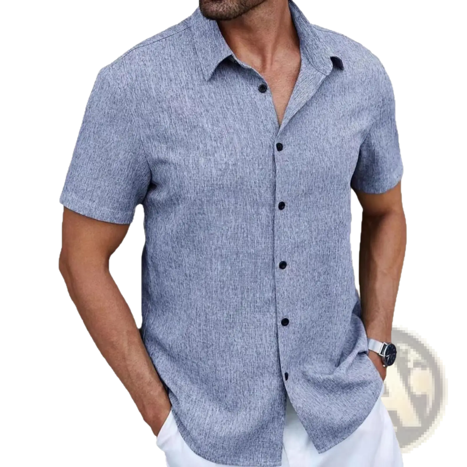 Men cotton linen striped casual shirt in textured light blue fabric with dark blue buttons and short sleeves