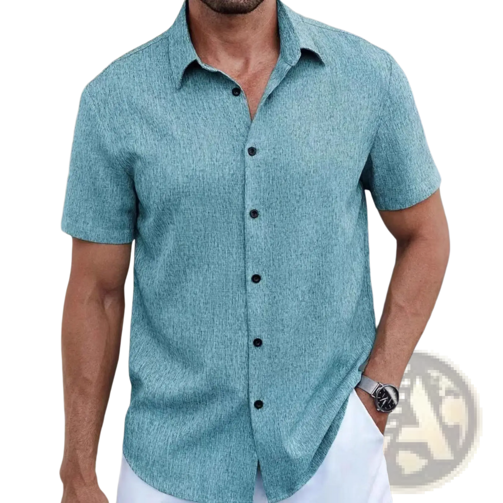 Men cotton linen casual shirt in teal with short sleeves, subtle textured weave, black buttons, and button-up front