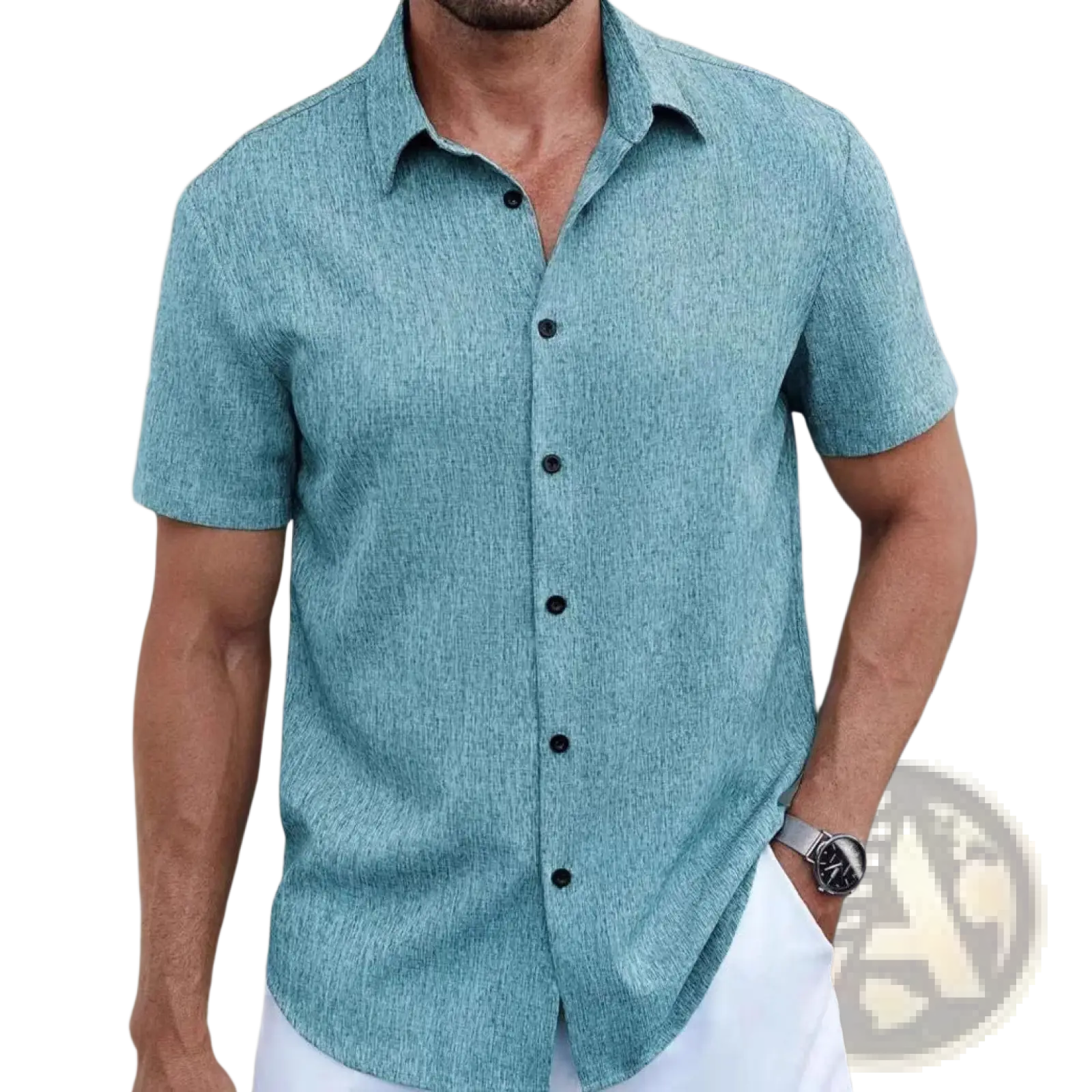 Men cotton linen casual shirt in teal with short sleeves, subtle textured weave, black buttons, and button-up front