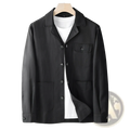 Men cotton linen suit coat black button-up jacket with classic collar and two front pockets made of smooth fabric