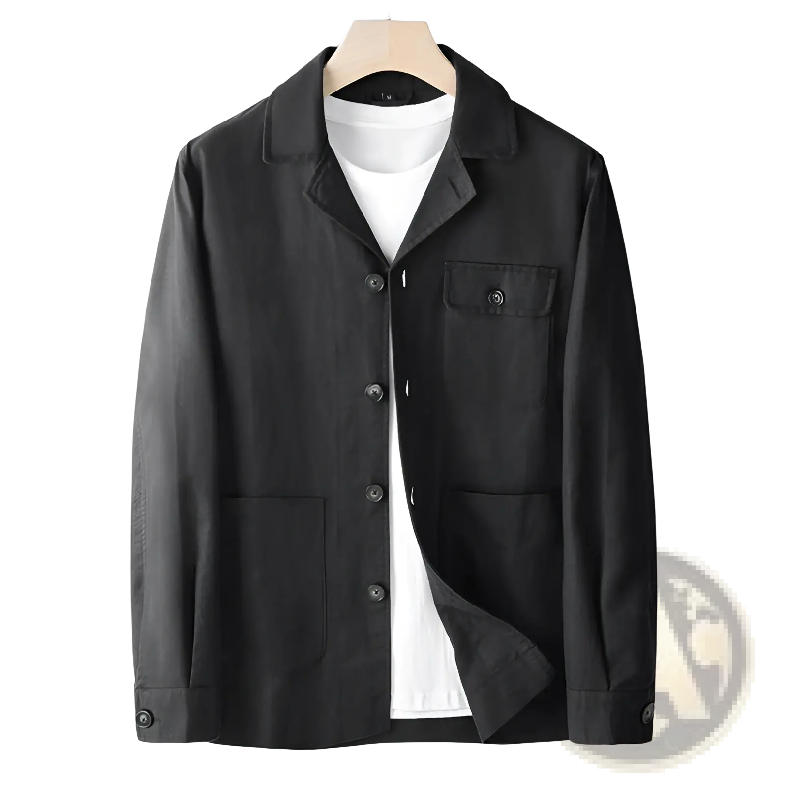 Men cotton linen suit coat black button-up jacket with classic collar and two front pockets made of smooth fabric