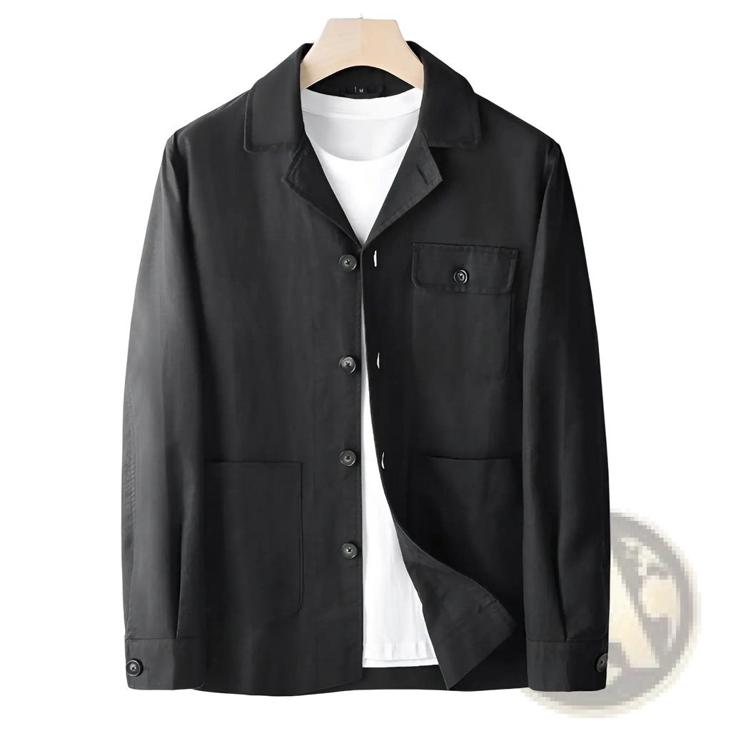 Men cotton linen suit coat in black with classic collar and two front pockets made of smooth fabric