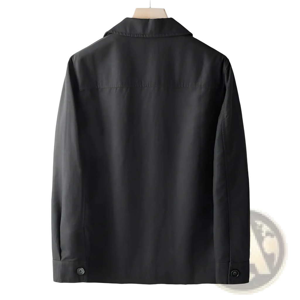 Men black cotton linen suit coat with long sleeves, classic collar, and buttoned cuffs in front view