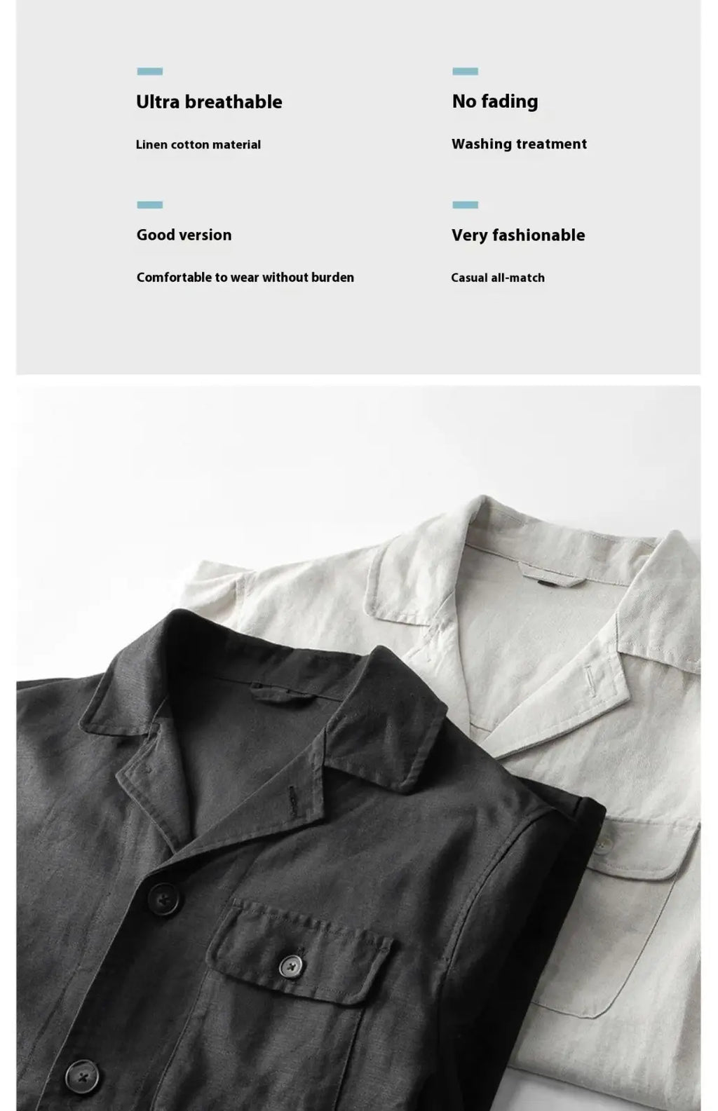 Men cotton linen suit coat featuring black and white buttoned collar shirts with front pockets