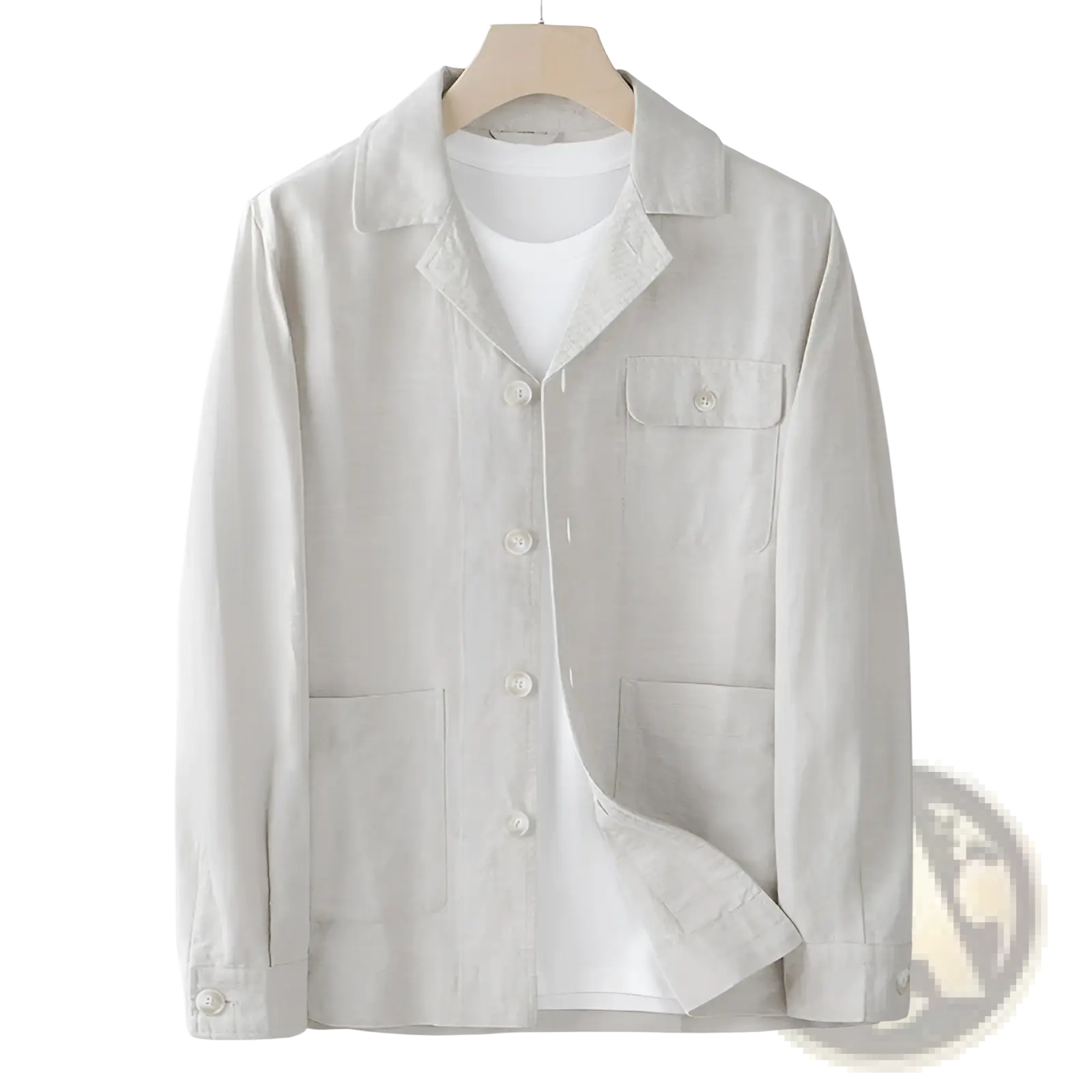 Light gray men cotton linen suit coat with classic collar and button closures made from breathable fabric