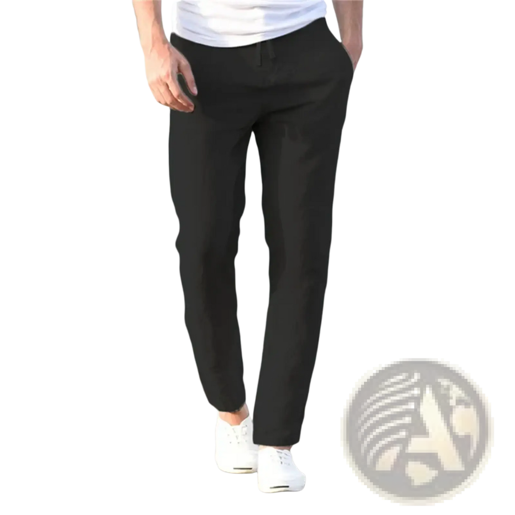 Black slim-fit men cotton linen trousers with breathable fabric featuring a clean modern cut and subtle stitching details